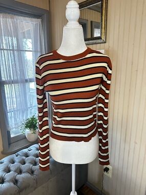 Windsor Striped Ribbed Crop Top M Brown Cream Long Sleeve Fitted Y2K NWT